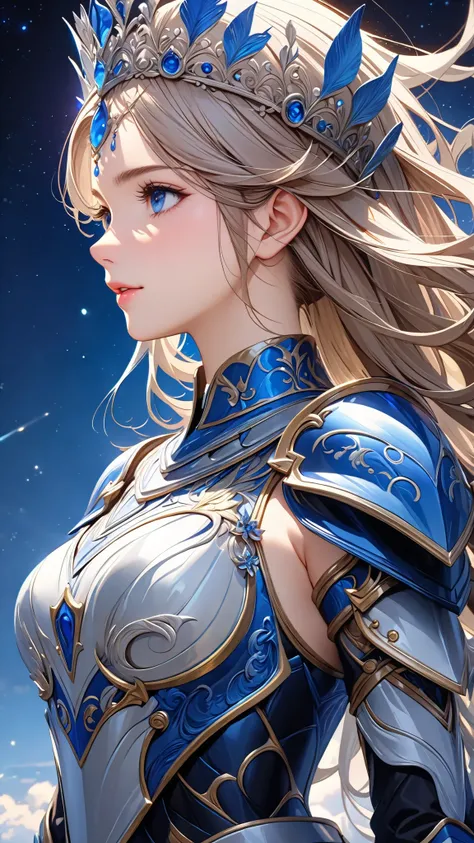 ((Top Quality)),( super high resolution ),(very well detailed),( detailed description),(( best CG )),(masterpiece), Ultra Detailed Art ,AMAZING PAINTING ART,(Art with Delicate Details:1.5), woman:1.5, beautiful well-groomed face, sky blue night armor, Elab...