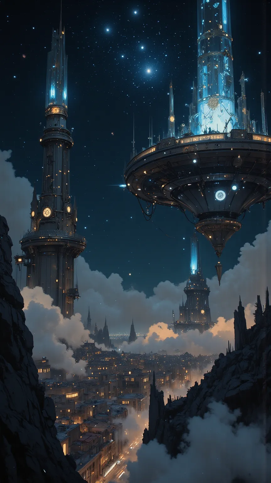 floating cities in the night sky、star々It shines with。city towers and platforms、illuminated with magical light、空気中にはstarの欠片が舞い散っています。Surrounding the city、clouds spread thinly、create a fantastic atmosphere。