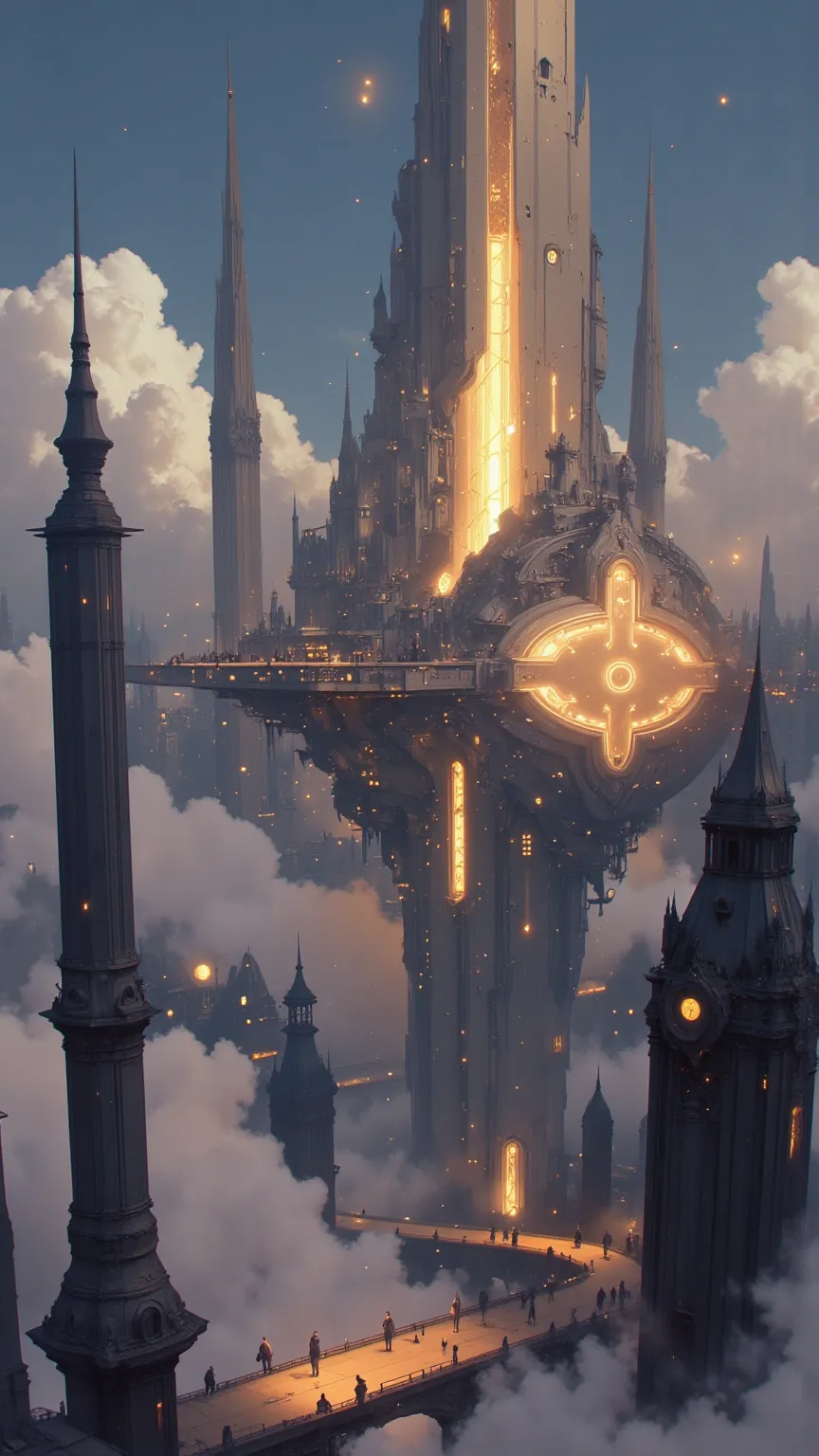 floating cities drift above the clouds、the magical light of the city illuminates the clouds。Surrounding the city、glowing particles dance、the air is filled with mystical energy。city towers and platforms、Moving with the clouds、they perform a fantastic dance。