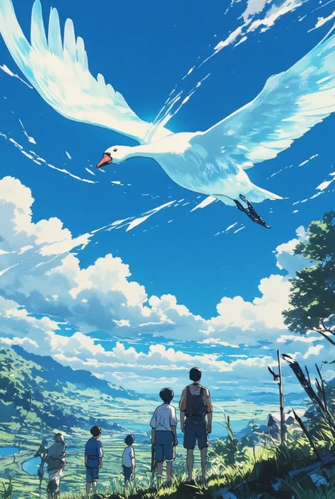 16k, ((best quality)), ((masterpiece)), (detailed), summer, noon, japan, countryside, river, rice field footpath, 3boys, open mouth, looking up the sky,the swan size of full of sky, flying incredible huge swan directly above boys, Otherworldly swan flap wi...