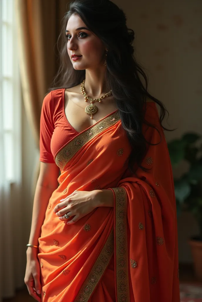 Make her wear saree and make her a little heathy with bigger breasts