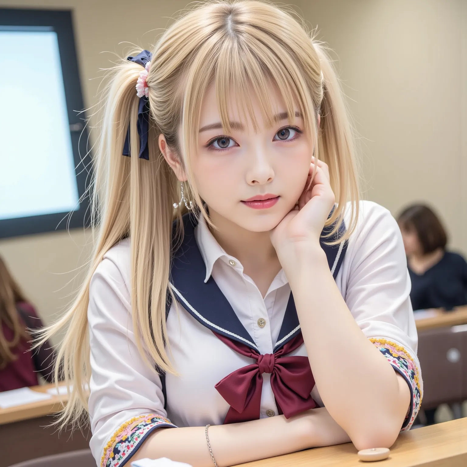 ((8K wallpaper)),((blonde hair)),((short ponytail)),((big breasts,Big Breasts)),(( beautiful Japanese girl)),((wear glasses)),(( School Classroom Background)),((colorful manicure on nails)),((earrings, necklaces)), ribbons, ((School Uniform、pleated skirt、c...