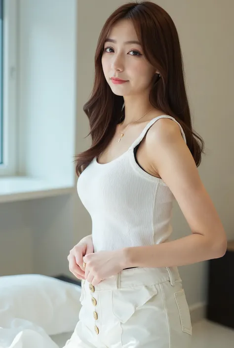 ((TOP QUALITY , 8k)), ( masterpiece ), perfect face , sleeveless,        pants, cute,people々々 ,   white knit   ,Age 33, beautiful,    office,woman　,people々between,full body,Front , Transparent, is nice,slightly larger breasts, forward bending,