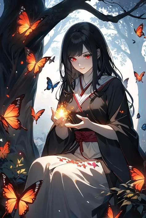 A black-haired woman with white skin, red eyes, sitting under a dimly lit tree, with multicolored butterflies surrounding her, two of her hands practicing magic.