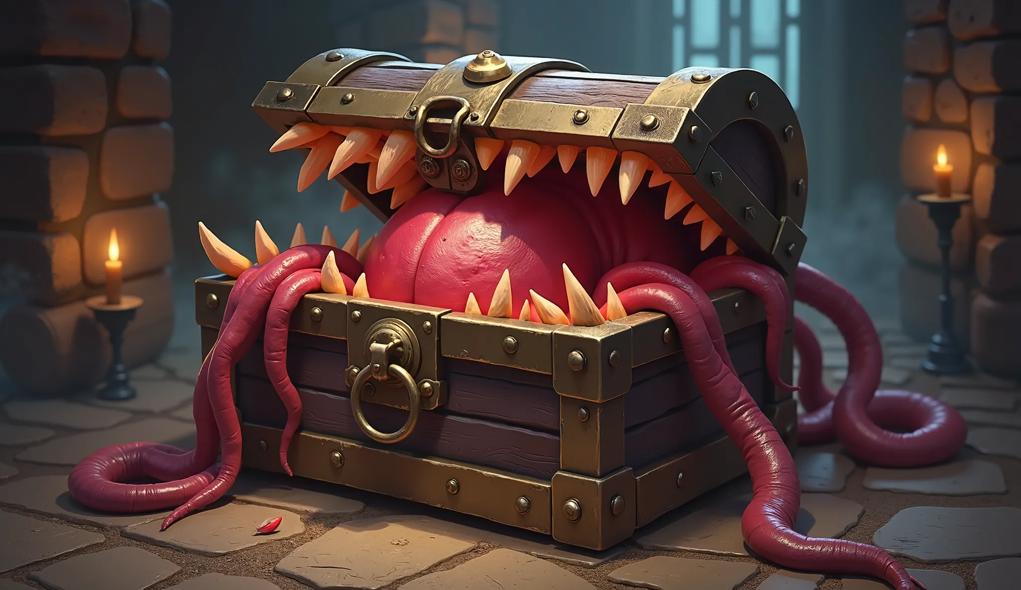 Realistic style mimic monster, living treasure chest, highly detailed wood grain and metal textures, wide-open mouth revealing sharp teeth and a long slimy tongue, glowing magical eyes, soft lighting, realistic texture, high-quality fantasy photorealistic ...