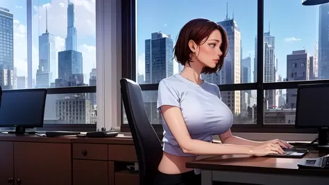 "A girl with a nice body and nice breasts sits in a modern apartment, wearing a cropped sweatshirt and joggers. She listens to music while working at her computer. A large glass window overlooks a bustling cityscape with glowing skyscrapers and moving traf...