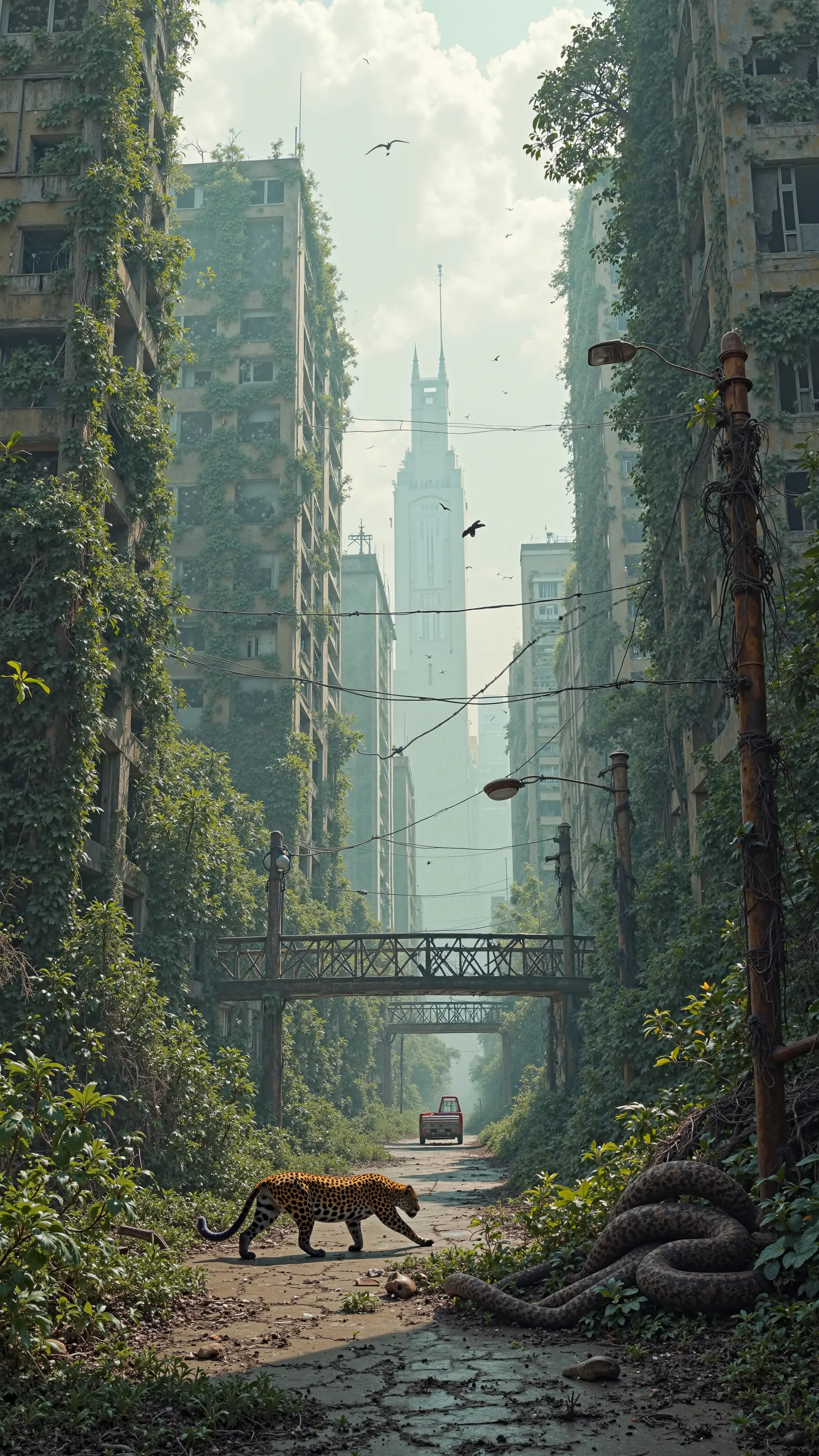 A post-apocalyptic world where nature has reclaimed the ruins of human civilization. Towering skyscrapers, once symbols of human progress, are now covered in thick vines and moss, their glass windows shattered and interiors darkened by decay. The streets a...