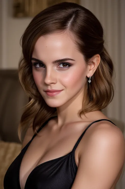 Gorgeous young Emma Watson: Breasts, Earrings, Blush, Serious, Smirk, High Resolution, Accurate, Masterpiece, Best Quality, Detail, Textured Skin, 