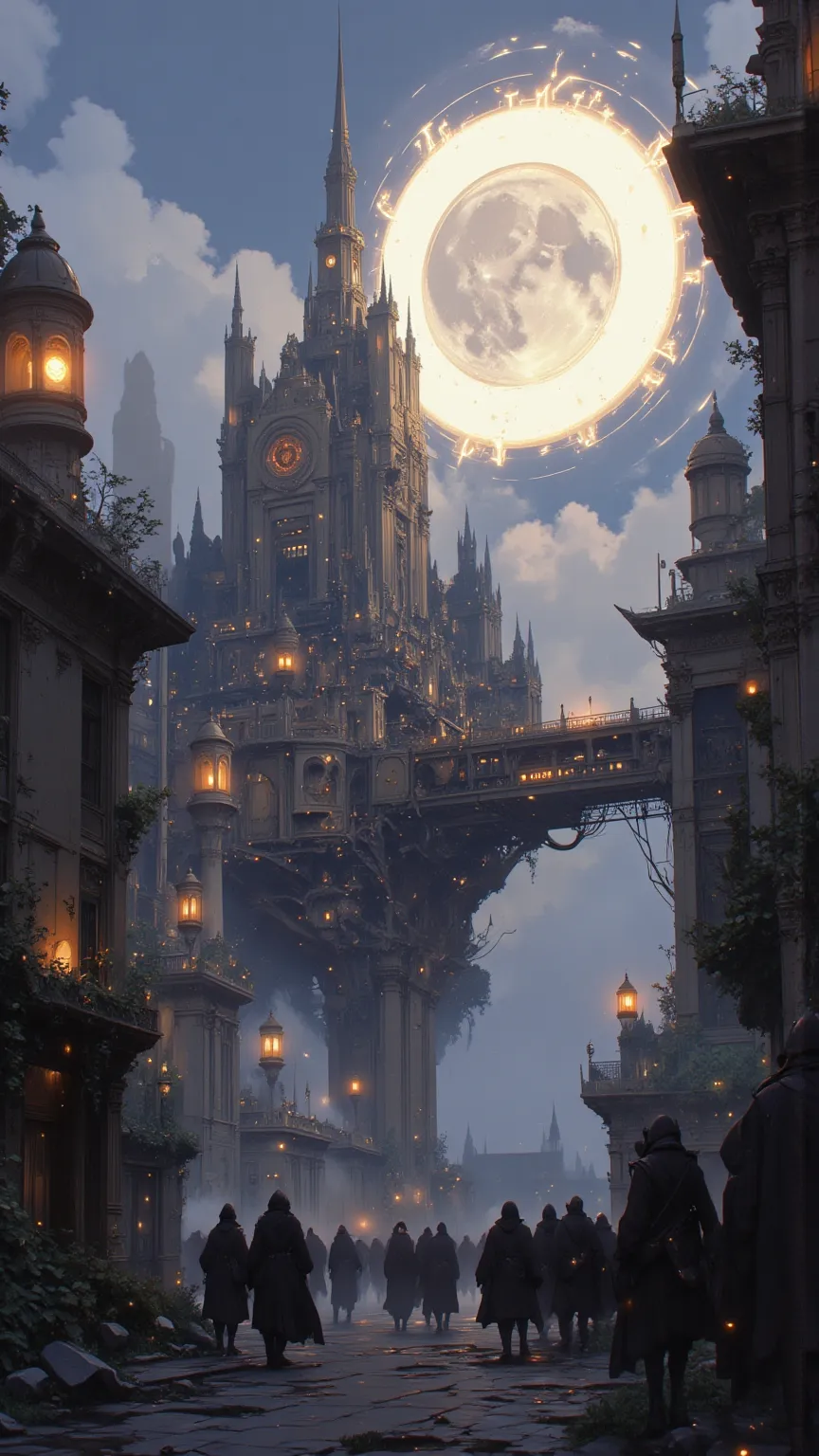  The floating city floats above a sea of clouds、The light of the first day illuminates the city's ancient towers and platforms。Surrounding the city、Plants that shine with magical light dance、the air is filled with mystical energy。