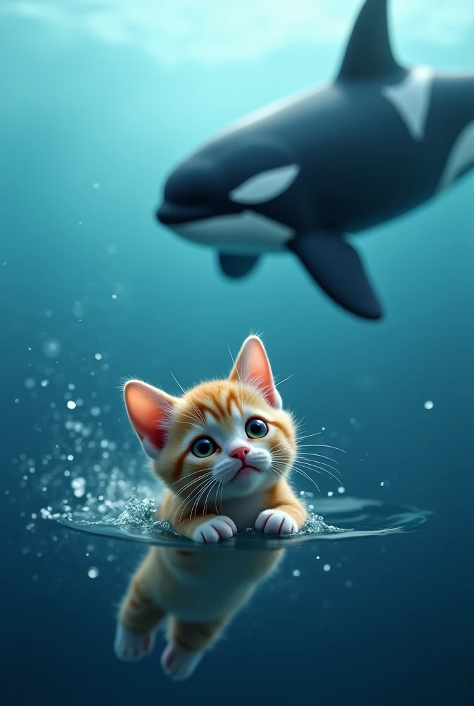 A cat is drowning and crying and she so small and cute but the orca whale is safe it