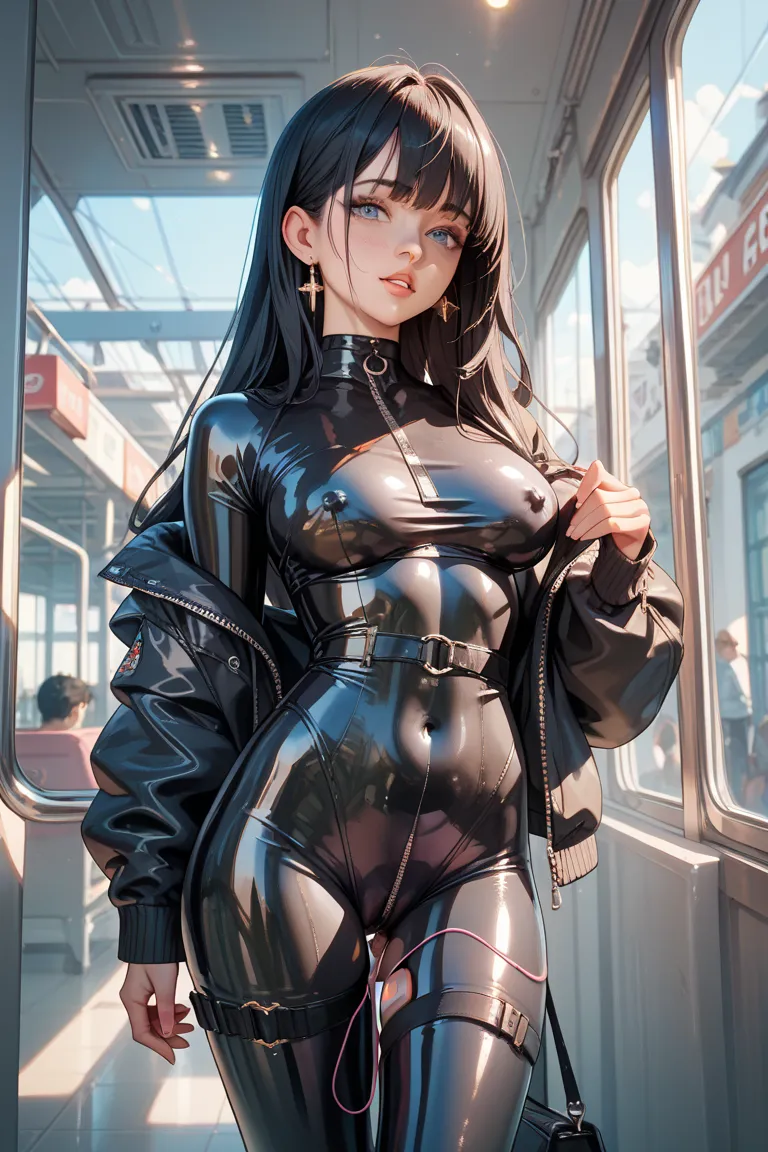  rubber suit　vibrator　   black hair　long hair　 Tram