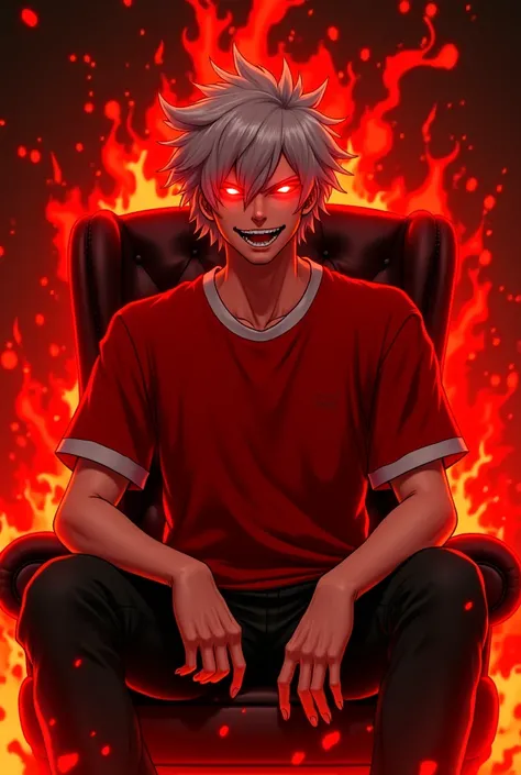 A male demonic human with slightly big and messy white hair. His eyes are completely empty and red, radiating an intense and threatening glow, as if they were made of pure fire. His body is shrouded in shadows and burning flames, radiating overwhelming pow...