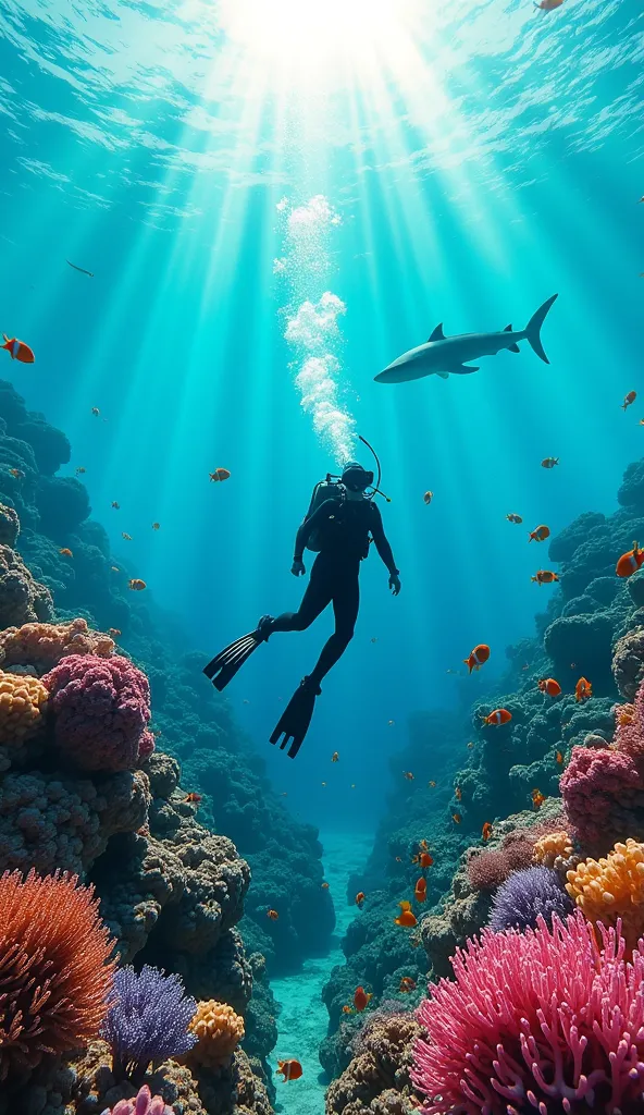 Create a vibrant and highly detailed image of a diver swimming through a stunning coral reef ecosystem. The diver is wearing a sleek wetsuit, mask, and fins, gliding effortlessly through the crystal-clear turquoise water. The coral reef is bursting with li...