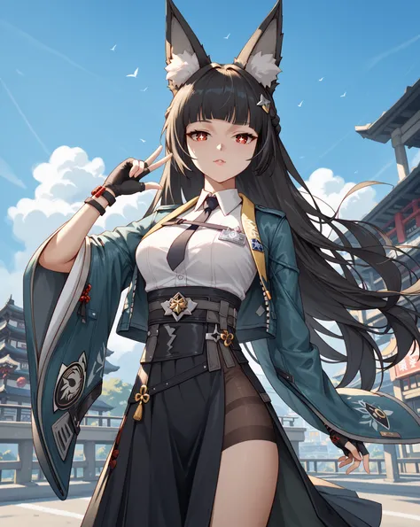 Miyabi Hoshimi from zenless zone zero, miyabihoshimi, miyabi hoshimi,animal ear fluff, animal ears, black hair, bright pupils, fox ears, fox girl, half updo, long hair, red eyes, sidelocks, white pupils, asymmetrical gloves, black gloves, black necktie, bl...