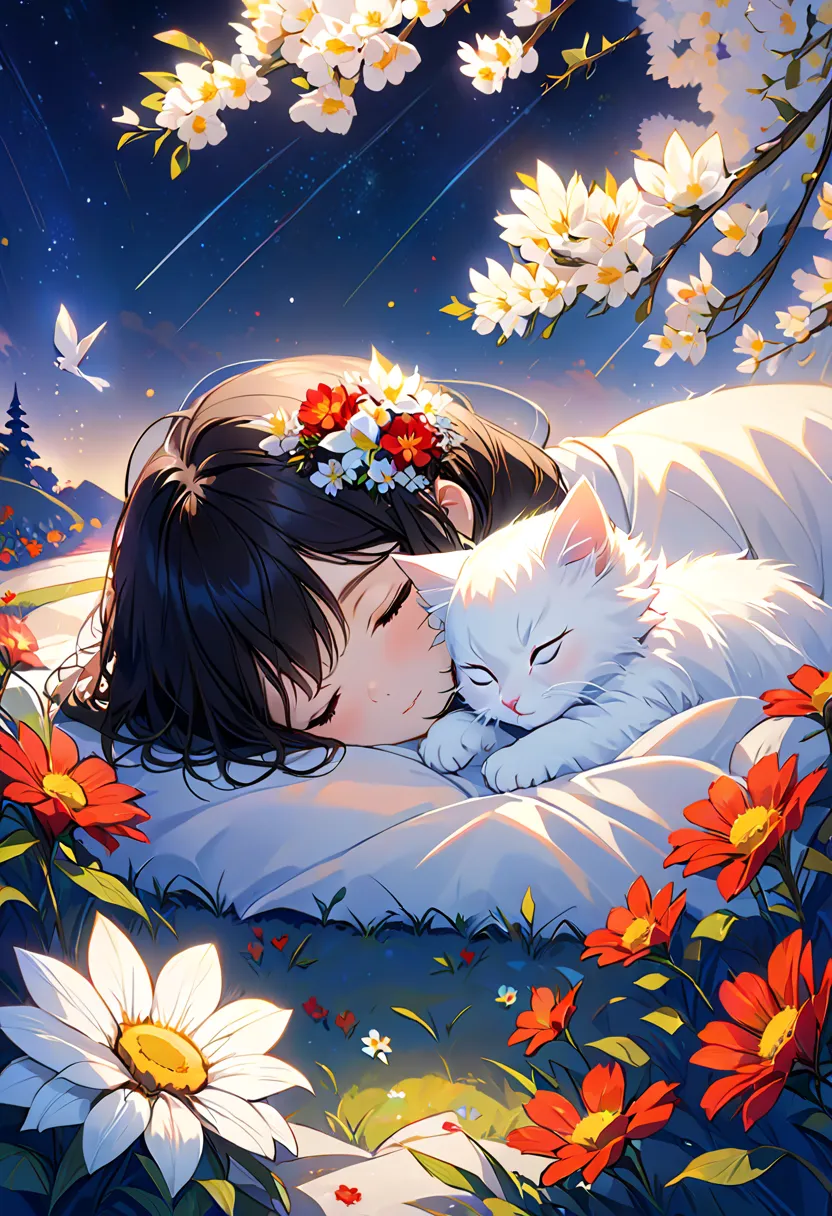  and fluffy white kitten, flower,  sleep , long black hair, night , starry sky