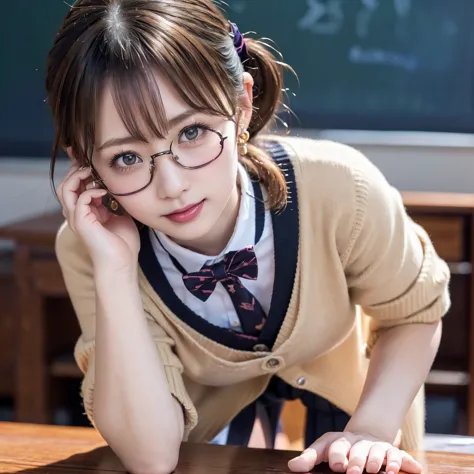 ((8K wallpaper)),((blonde hair)),((short ponytail)),((big breasts,Big Breasts)),(( beautiful Japanese girl)),((Intelligent Glasses)),(( School Classroom Background)),((colorful manicure on nails)),((earrings, necklaces)), ribbons, ((No underwear))，((Beauti...