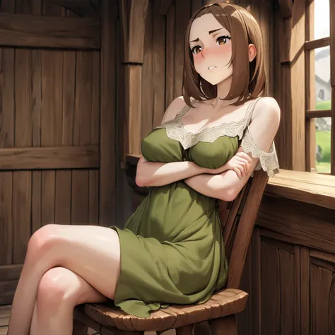 Mirien, a young woman with delicate facial features, sits leaning against a simple wooden chair in a room in the center of a medieval wooden house. She has her legs crossed and her arms folded under her breasts.

She has beautiful brown eyes and medium-len...