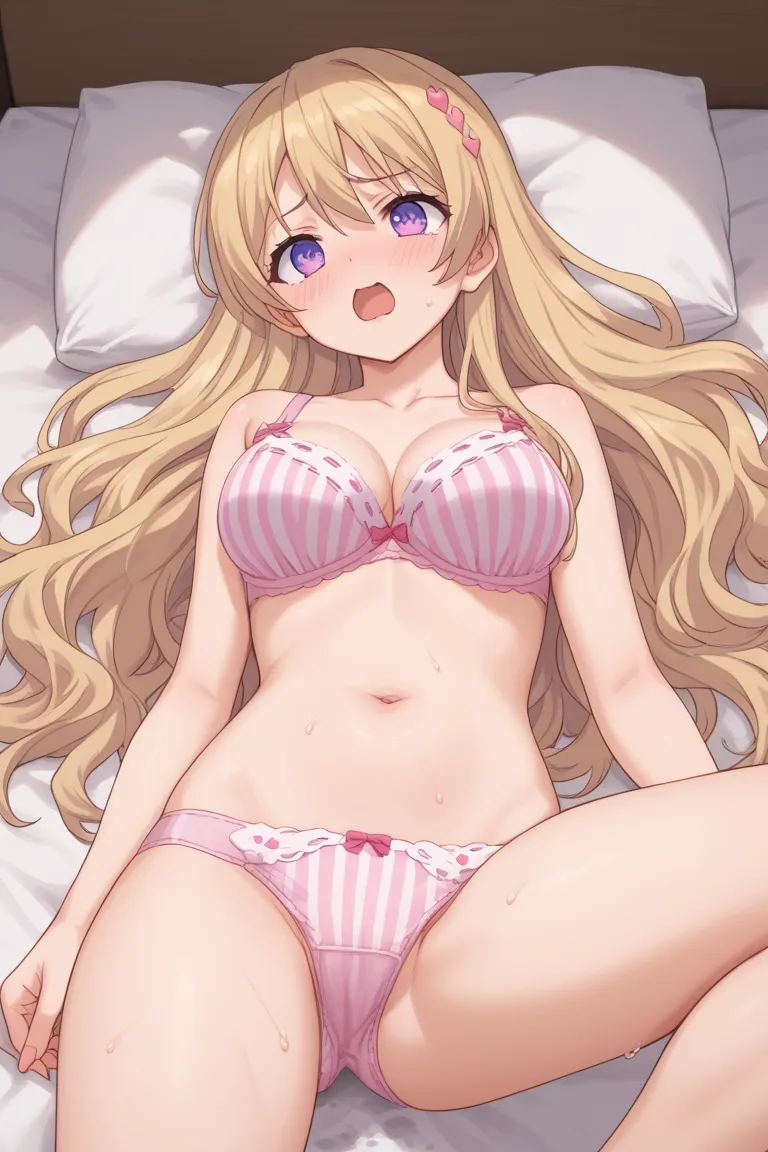 anime style,1 girl, on the bed in the dark girl's room with the light off, crazy heart eyes, Momoka Fujiwara, long hair, blonde hair, hair ornament, purple eyes,  underwear, panties, Bra, pink panties, lingerie, pink Bra,   has red cheeks, Distort your mou...