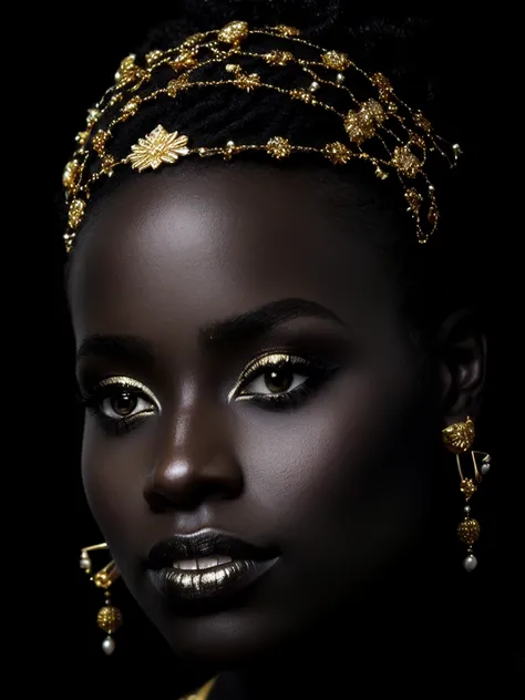 a close up of a woman with gold makeup and gold earrings, Black African Princess, Black art, black woman, gold ornaments, black and gold rich color, black jewelry,  gold ornaments , wrapped in gold, black and gold,  dazzling African princess, African Queen...