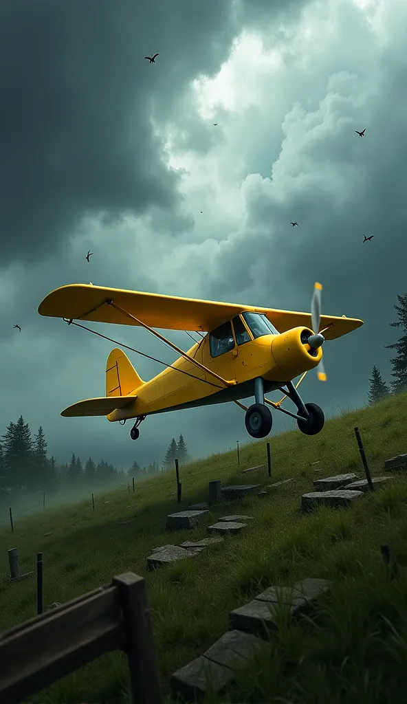 "A bright yellow airplane flying through a stormy sky. Dark clouds swirl in the background, and strong winds are visibly shaping the atmosphere. The scene is dramatic, with a contrast between the vibrant yellow aircraft and the ominous, shadowy clouds. The...