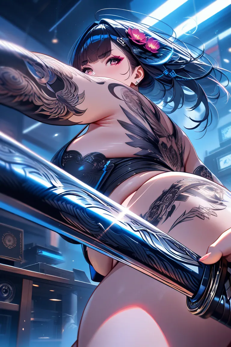 Naked Emo Asian Girl, plump, curvy, chubby, eye-catching tattoos, holding a katana in her right hand, Conceptual art, first-person view, UHD, Masterpiece, Accurate, super detail, high details, HD