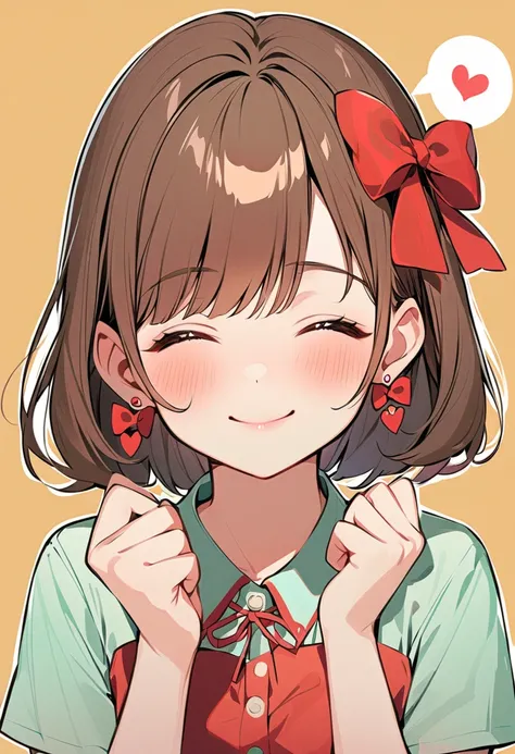 1girl, solo, heart, closed_eyes, facing_viewer, smile, jewelry, bow, earrings, spoken_heart, blush, hair_bow, shirt, simple_background, upper_body, closed_mouth, brown_hair, red_bow, short_sleeves