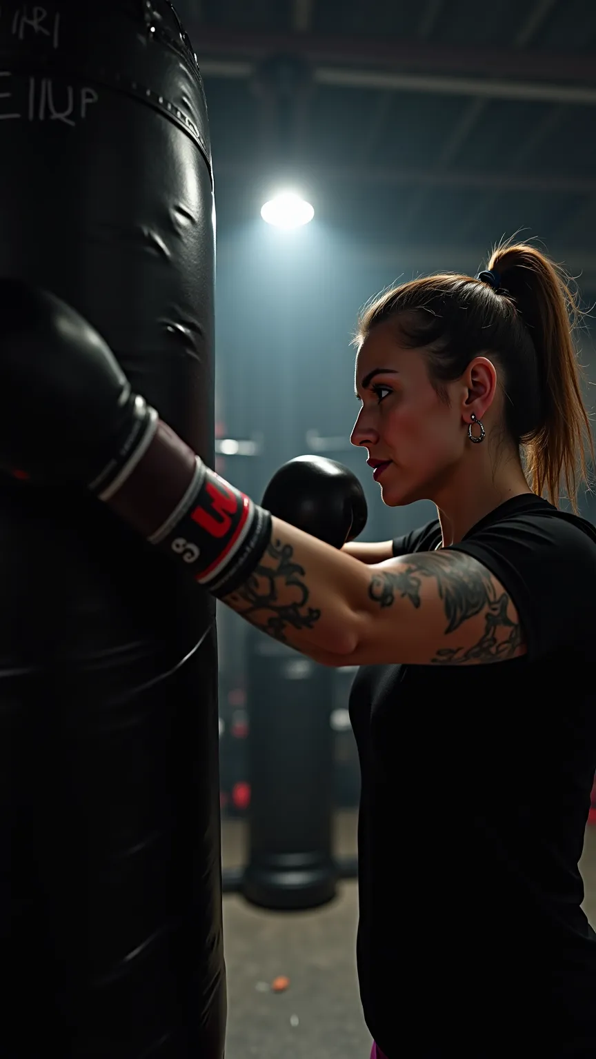 Create an ultra-realistic image in the point of view (POV) style, capturing the first-person perspective of a female fighter as she punches a punching bag with all her strength. Part of her muscular and tattooed arms, with veins bulging from the effort, an...