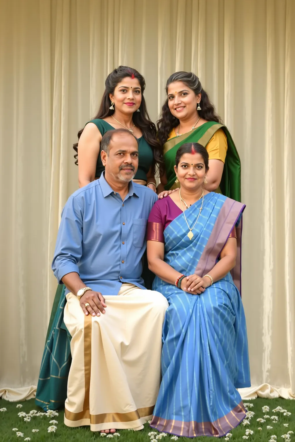 A kerala family photo taken from their lawn with acurtain on backside with perfect cinematic lighting ,color grading all features Blending, Masterpiece, Cinematic Lighting, 