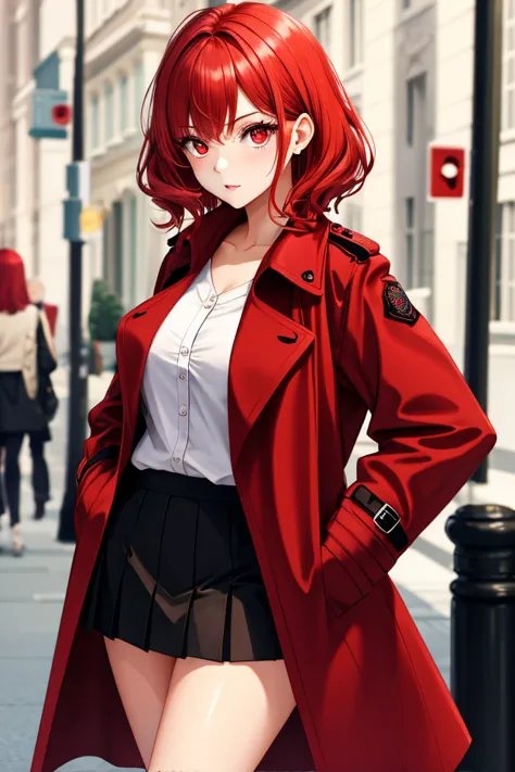  Hands in pockets,Exquisite facial features, Young female，red eyes, red hair, skirt, Black trench coat