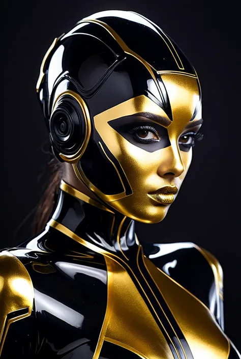 a woman with black and gold paint on her face, metallic neoprene woman, black latex sculpt, futuristic woman portrait, shiny metallic glossy skin, robot punk futuriste geometrie, portrait of metallic face, beautiful cyborg woman, symmetrical painted face, ...