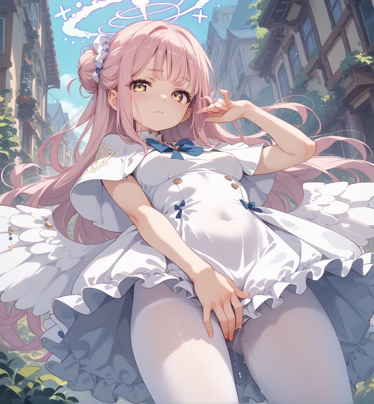 pussy juice,((hand To cover crotch:1.7)),holding crotch,desperation,white dress,belly button,mika,yellow eyes,single hair bun,pink hair,long hair,halo,capelet,wings,white pantyhose