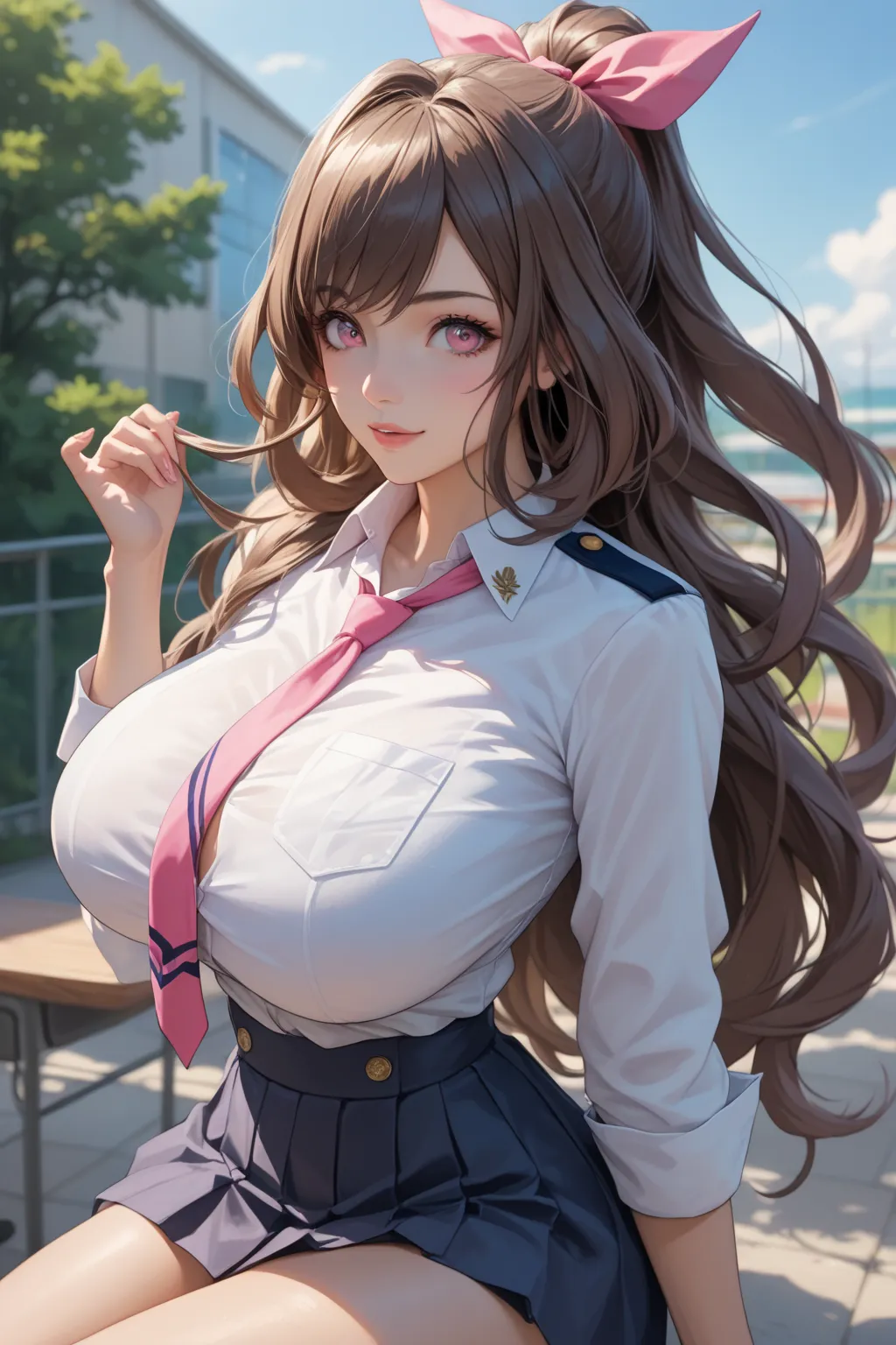 Fit Girl, score_9, score_8_up, score_7_up,source_anime,score_6_up,top-quality、Top image quality、masterpiece、hiquality、Beautiful Art、visualart、 

kogane, long hair, hair bow, high ponytail, pink eyes, brown eyes, huge breasts, big thighs, school_uniform, 
