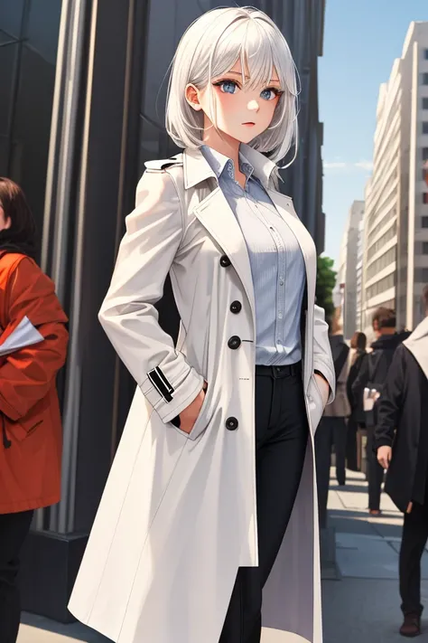  Hands in pockets,Exquisite facial features, Young female，white hair, Black trench coat