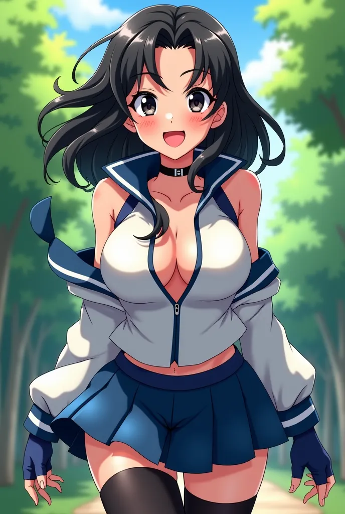 ((the best quality)), ((masterpiece)), (Thoroughly detailed), a 17-year-old anime girl with medium long wavy pointed black hair, And black eyes, (blush all over the face,  smile), Open your mouth, big tit, looking at the spectator, (leaning forward:1.3)、be...