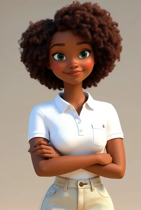 Brown woman, around 18 years old, black power brown hair, wearing prescription glasses, greenish eyes, dressed in a white polo collar with pocket without details on the chest, pixar style, image 8k
