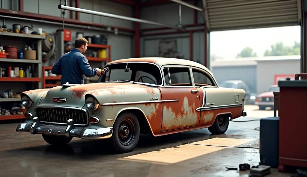 "A simulation-based game scene inside a garage with a mechanic working on an old, rusty car. The car is partially restored, with shiny parts and a clean surface on the left side. The mechanic is using tools to fix it up, giving a sense of progress and tran...