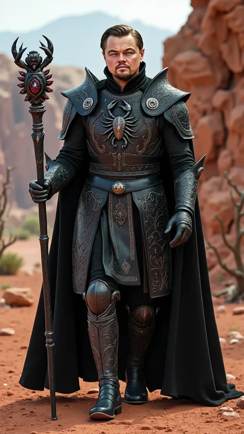 Leonardo DiCaprio reimagined as a majestic human-Scorpio hybrid walking and holding a black scepter, dramatic atmosphere, 1 male、
short, neatly styled light brown hair, piercing blue-green eyes, and sharp facial features. Small, dark scorpion-like patter...