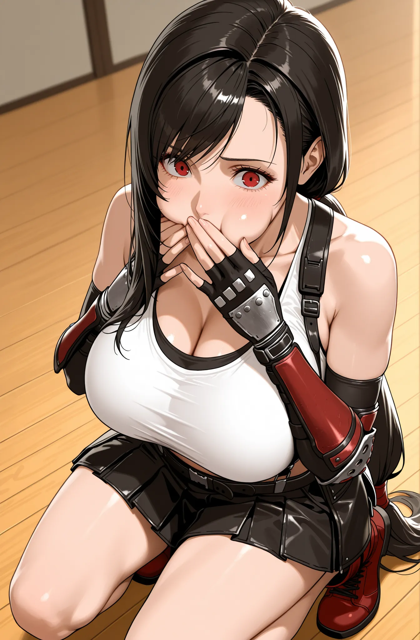 {Tifa Lockart:1.9}, {red eyes}, {very long hair}, {black hair}, {left side swept bangs}, {low tied ponytail tifa lockart style}, {big breasts}, {white tanktop}, {black sports bra underneath}, {short black skirt}, {pleated leather skirt}, {black suspenders}...