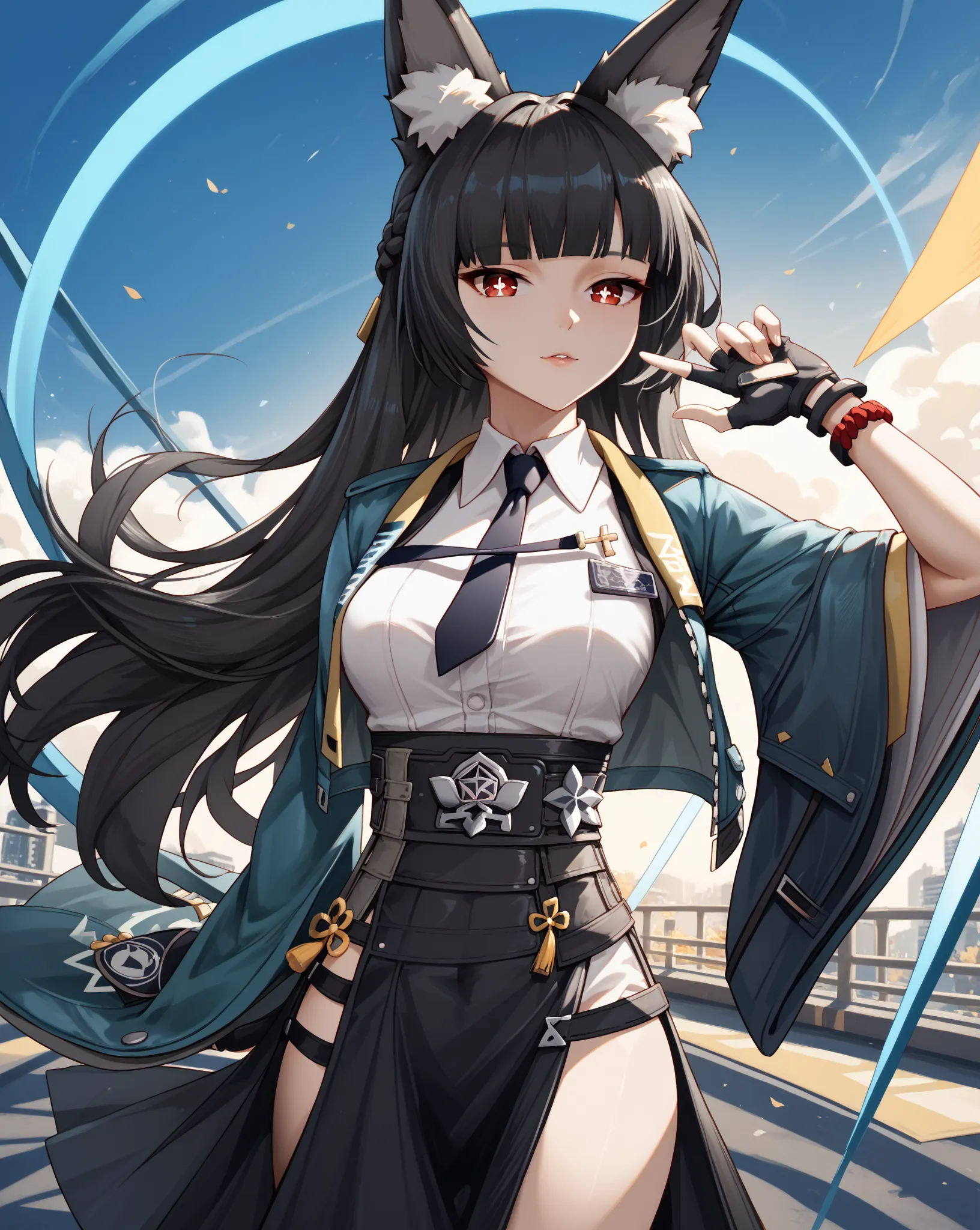 (Miyabi Hoshimi from zenless zone zero, miyabihoshimi, miyabi hoshimi,animal ear fluff, animal ears, black hair, bright pupils, fox ears, fox girl, half updo, long hair, red eyes, sidelocks, white pupils, asymmetrical gloves, black gloves, black necktie, b...