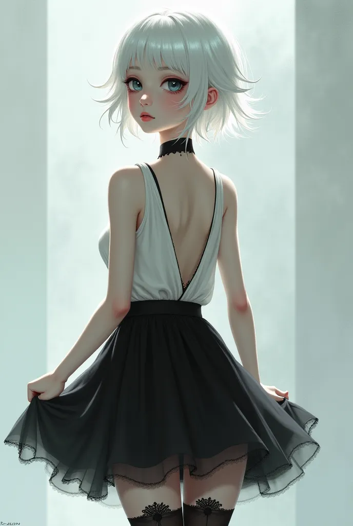 Femboy in a black skirt and stockings with white hair