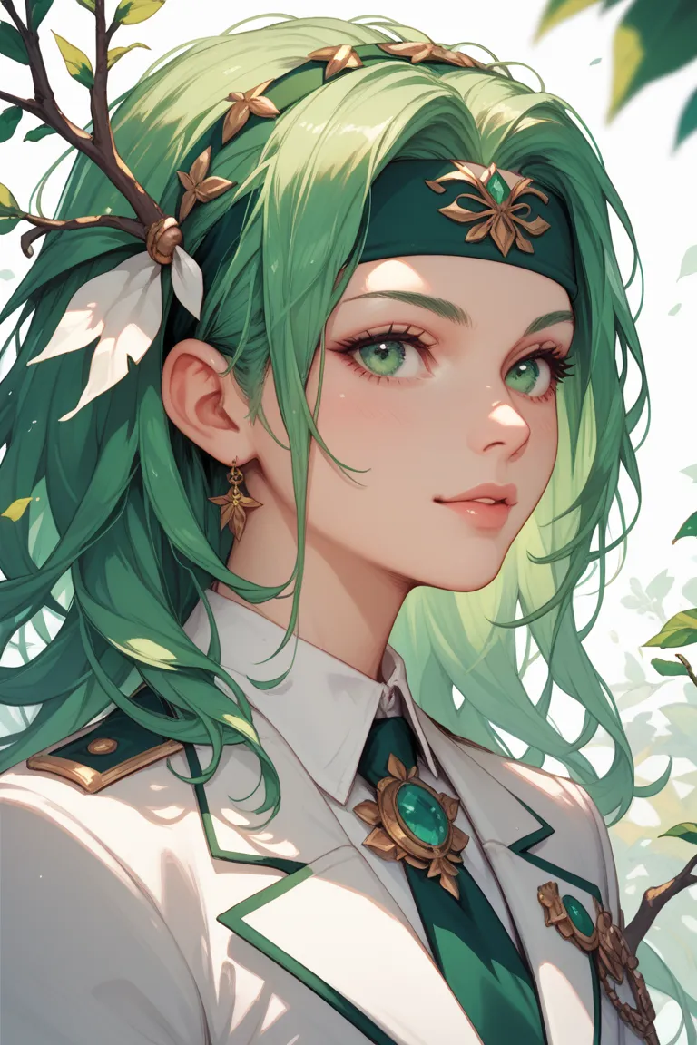 Girl with green hair and green eyes, with a headband made of branches and a white suit with green details.