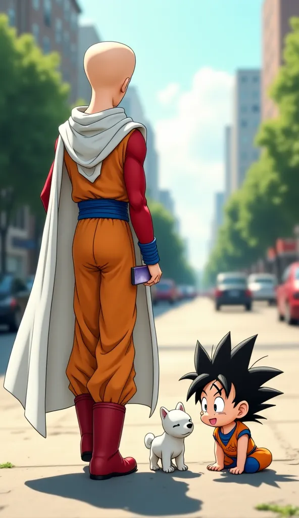 Saitama walks toward the small, injured Goku, who lies on the ground with scratches and bruises covering his tiny body. His spiky black hair is messy, and his teary eyes look up weakly as Saitama approaches. The white cape behind Saitama flows gently, his ...