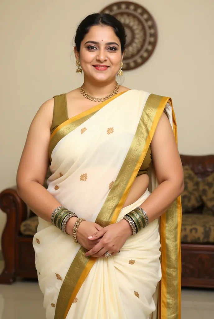 A thick woman, centered in the image, is wearing a traditional Kerala saree.  She appears to be of South Asian ethnicity and is of a medium build. She is likely in her twenties or thirties. The saree is off-white/cream with gold/yellow borders and intricat...