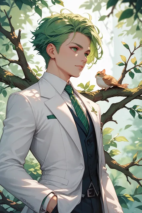 Girl with green hair and green eyes, branches and white suit with green details.