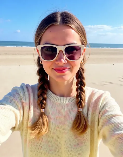 Close-up selfie of Eden, a 23-year-old influencer from Hamburg, standing on the sandy beach of St. Peter-Ording. She wears oversized sunglasses, a pastel-colored knitted sweater, and fitted jeans. Her two playful side braids fall naturally over her shoulde...