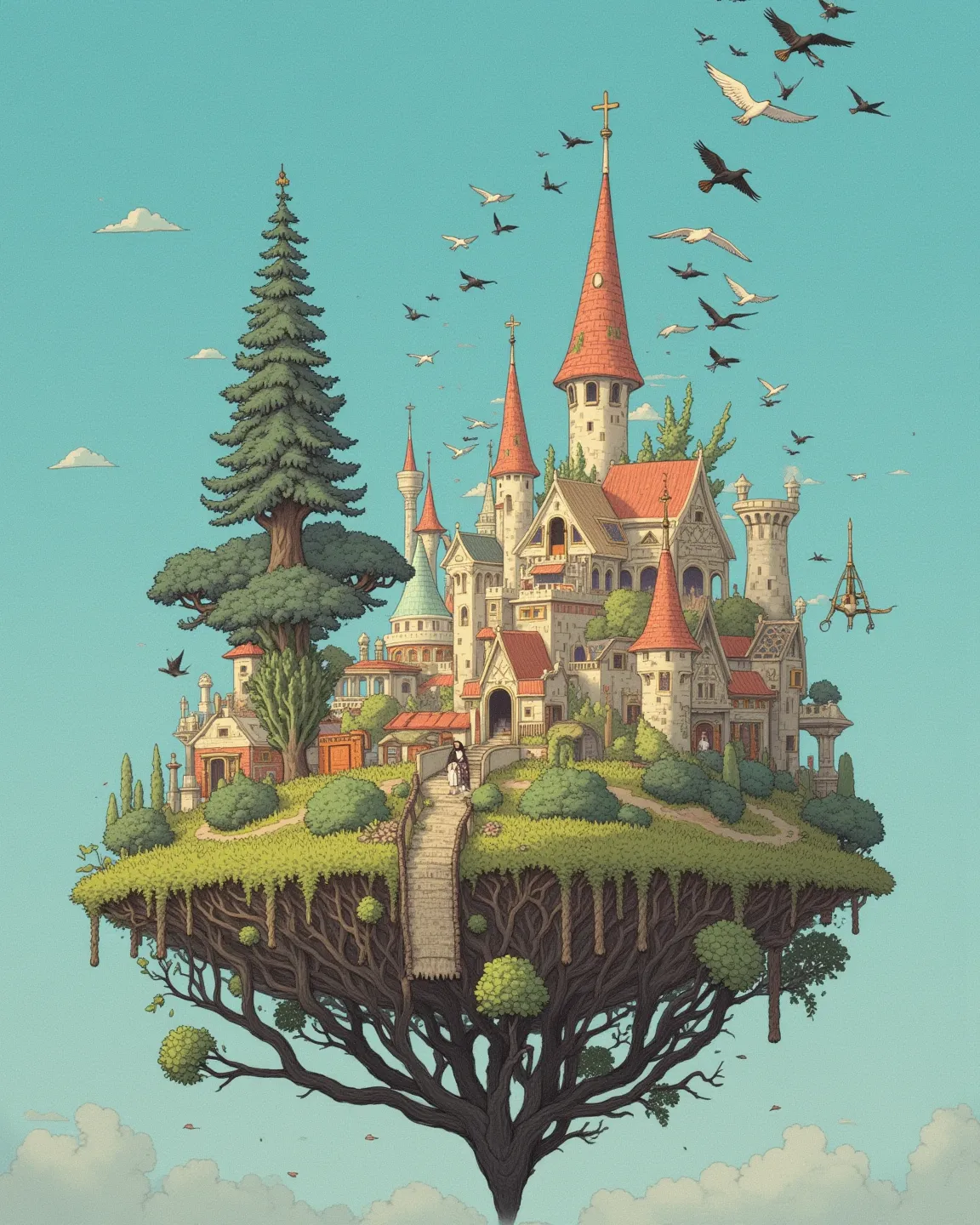 Floating island , Connected cities,  crossing of branches ,  Compa, windmill, Calm Sky, Flock of birds, sunset, dreamy,  fairy tale