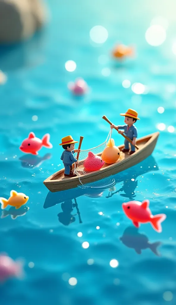 "Tiny fishermen catching fish-shaped candies from a sea of blue gelatin, using nets and miniature boats."