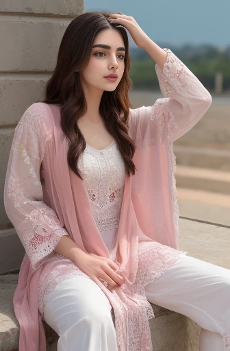 a binary gender Pakistani feminine alluring cute 21 years old boy sitting on a ledge with his hand on his head, maya ali mage, white and pink, white and pink cloth, wind sorcerer, maya ali as d&d mage, inspired by Ambreen Butt, beautiful design, cross-dres...