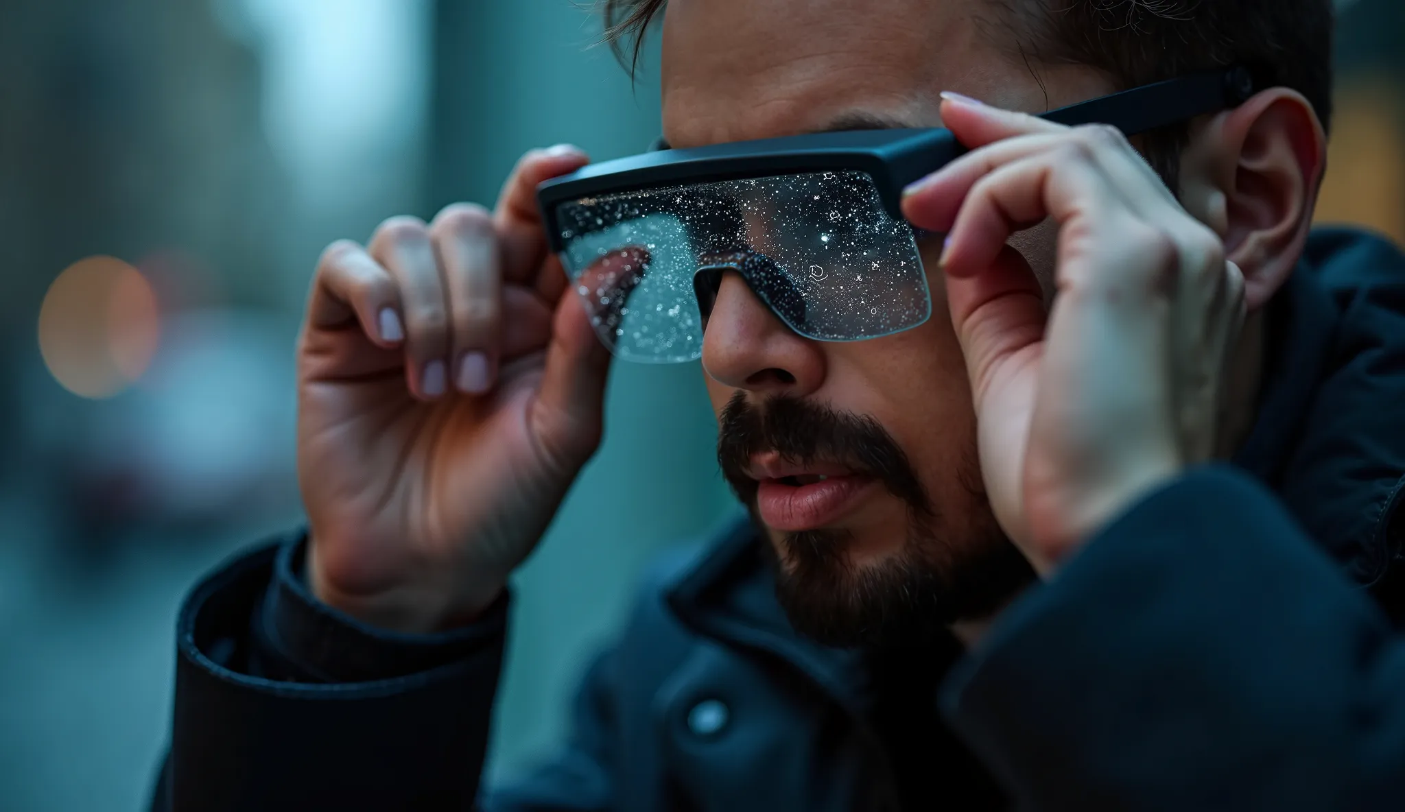 Using the reference image face, create a dramatic shot of Blind man putting on his AI-powered smart glasses. The reflection in the lenses shows a digital map. His advanced cane, glowing faintly with embedded sensors. The background is slightly blurred, emp...