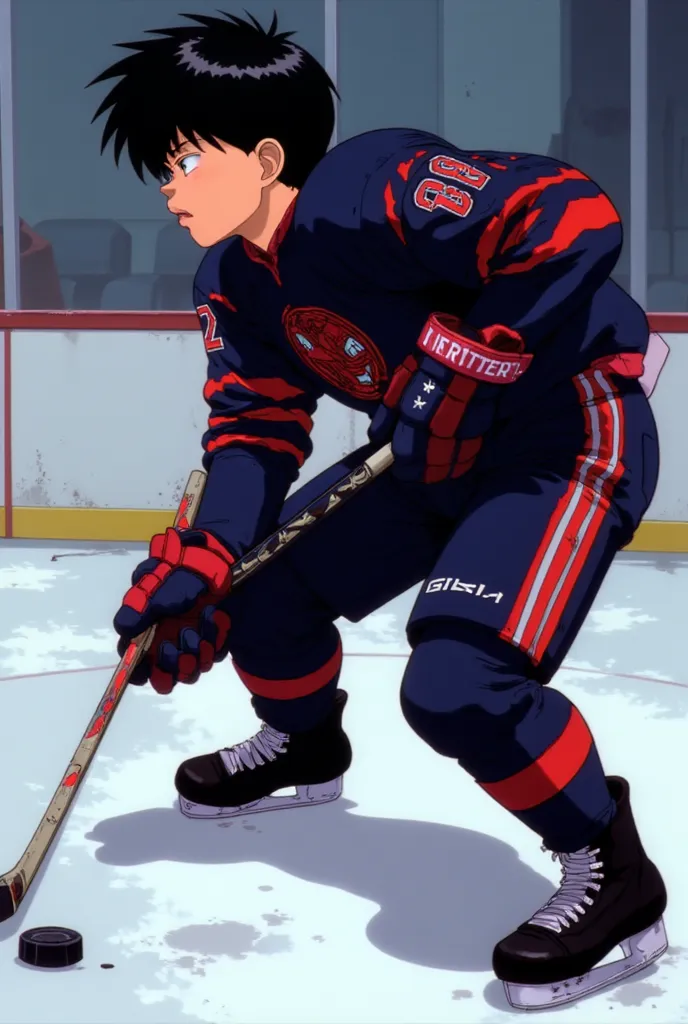  Create a profile picture for Facebook ,From face to waist, Anime-style drawing of a hockey player, anime style, with uniform colors navy blue as the main and secondary colors red and white,